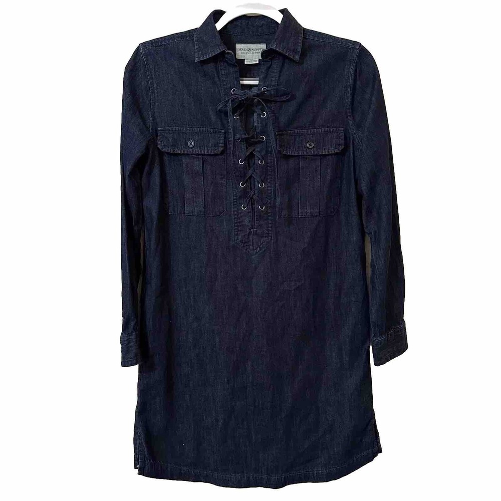 Denim & Supply Ralph Lauren Small Dress Dark Wash Blue Long Sleeve Lace Up Front